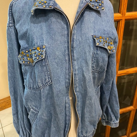 Jean jacket by Outbrook size ladies Small 24” long 23” armpit to armpit - Picture 10 of 13